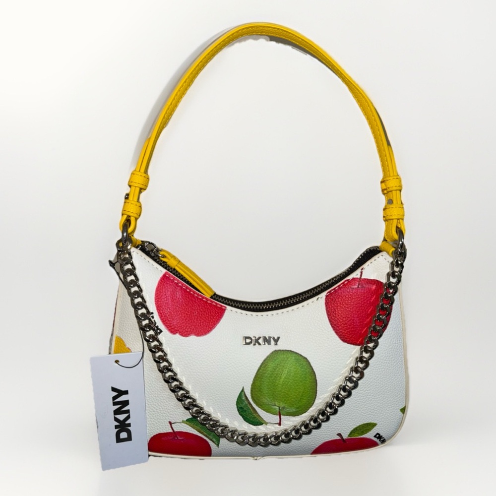 DKNY Lee Marhmallow White Apple Print Red Yellow Green Shoulder Purse Bag Fruit